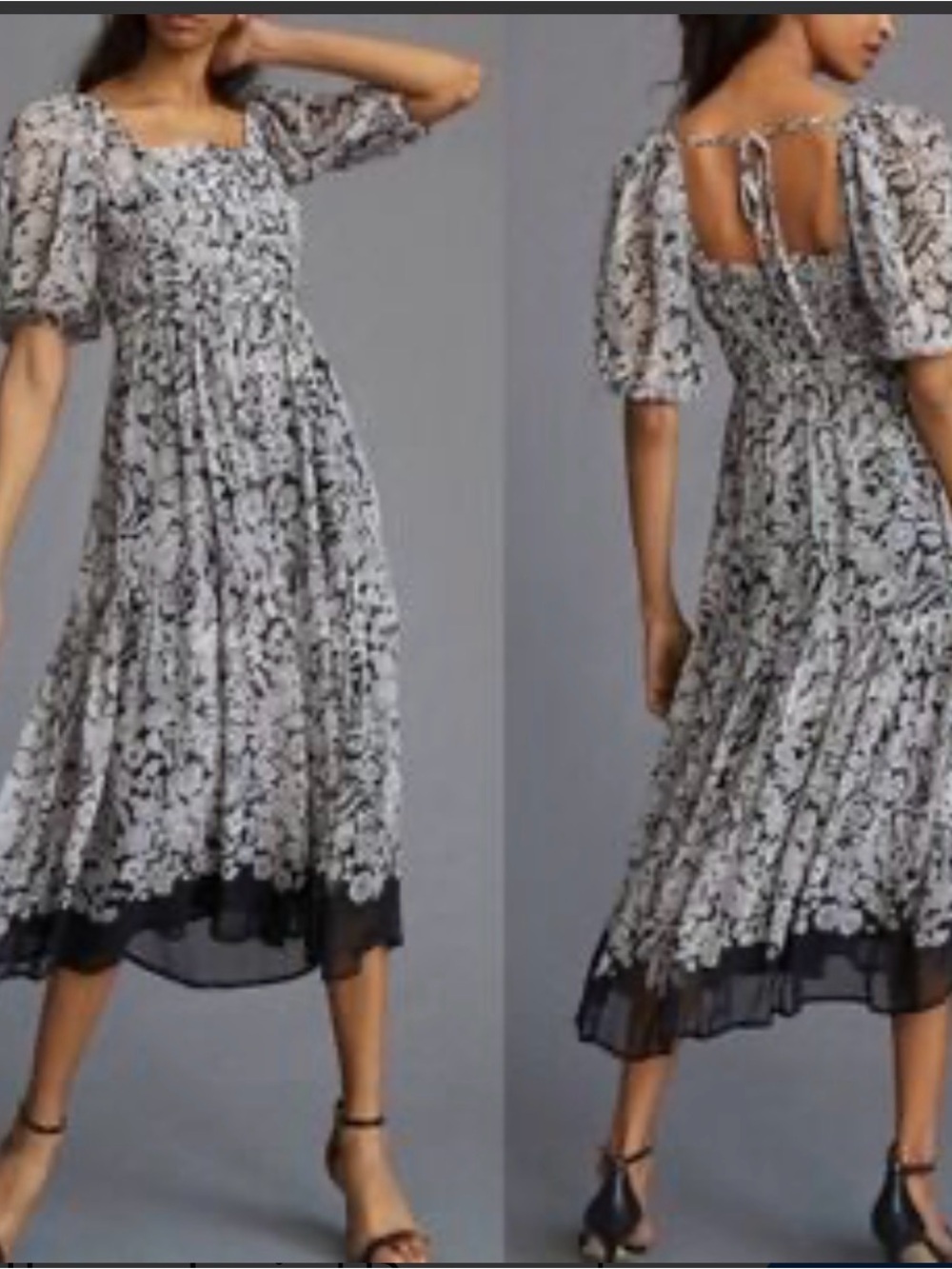 By Anthropologie square neck black white Floral print chiffon Midi Dress M